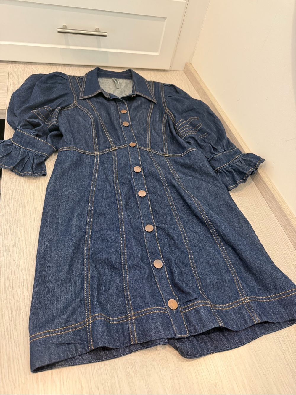 Anthropologie Puff-Sleeve Denim Mini Shirt Dress - Dark Denim